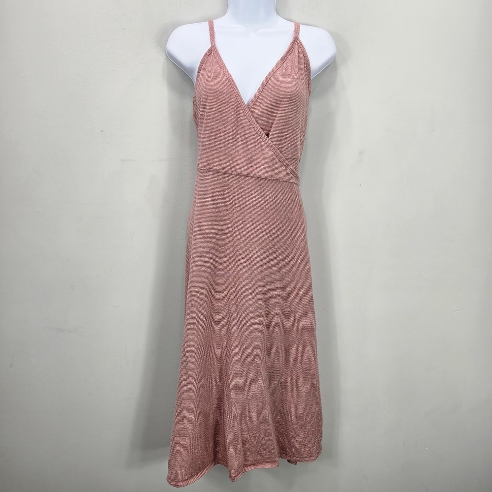 Patagonia Midi Wrap Dress M Pink Striped Hemp Organic Cotton Blend Travel